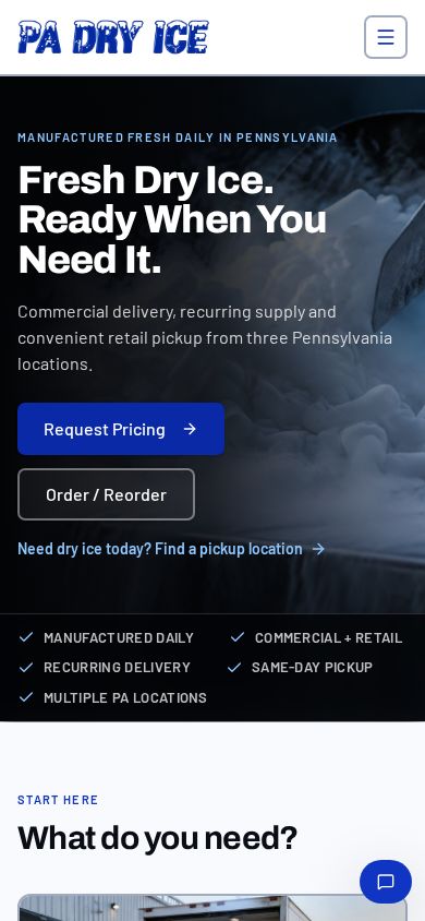 New PA Dry Ice website on mobile