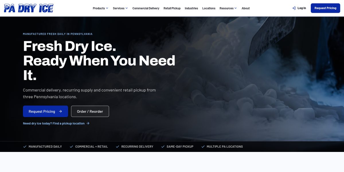 PA Dry Ice website homepage